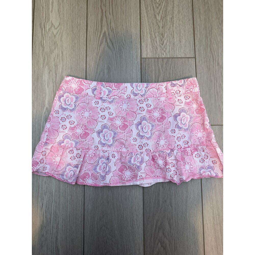 Y2K SO... Real Right Pink Hibiscus Floral Pleated Tiered Mini Skirt 13
